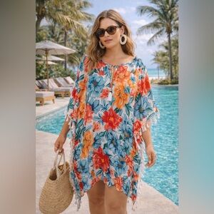 Tropical Floral Kaftan Cover Up 2X | Boho Resort Tunic Tassel Beach Dress
